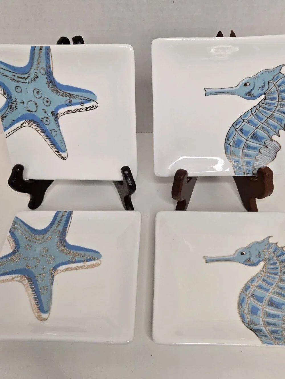 Grace's Teaware Blue Starfish & Seahorse Appetizer Snack Dessert Plates Set Of 4